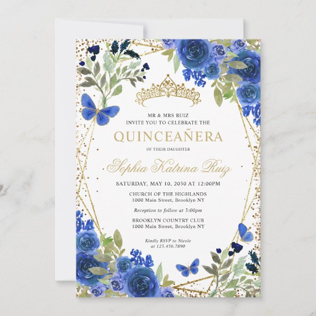 Moderne bloemige marine blauw goud tiara quinceañe kaart (Voorkant)