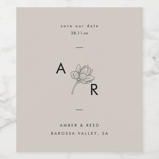 Moderne Bloemige Monogram Elegant Eenvoudig Neutra Wijn Etiket (Enkel label)