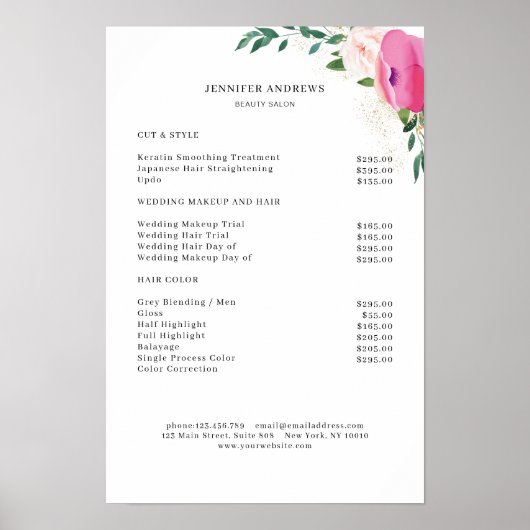 Moderne Bloemige Prijslijst Poster (Voorkant)