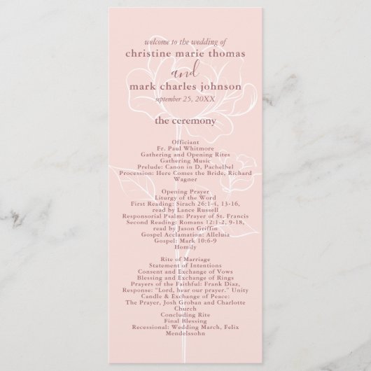 Moderne bloemige roze elegante bruiloft programmakaart (Voorkant)