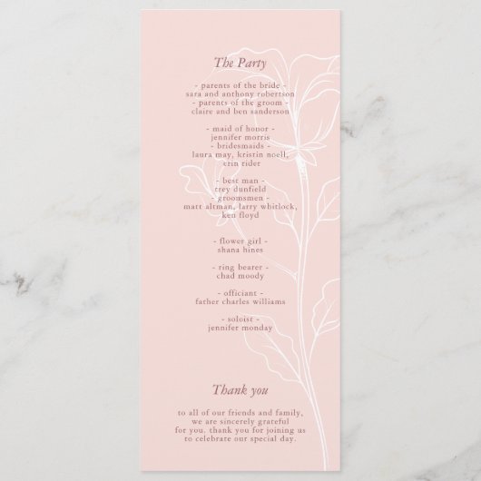 Moderne bloemige roze elegante bruiloft programmakaart (Achterkant)