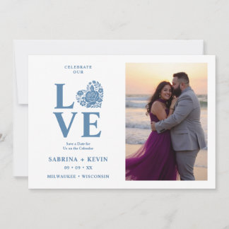 Moderne Bloemige Stofblauwe Hart Foto Trouw TLW26 Save The Date