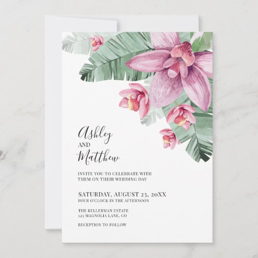 Moderne Bloemige Tropische Bruiloft Kaart (Voorkant)
