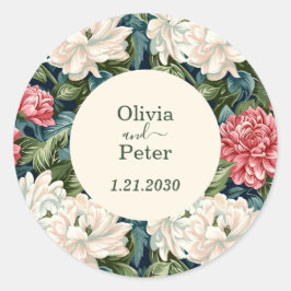 Moderne bloemige trouwdag roze en wit ronde sticker