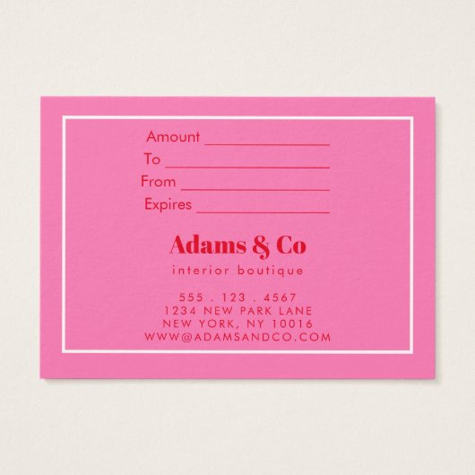 Moderne bloemige typografie Hot-roze cadeaubon Visitekaartje (Achterkant)