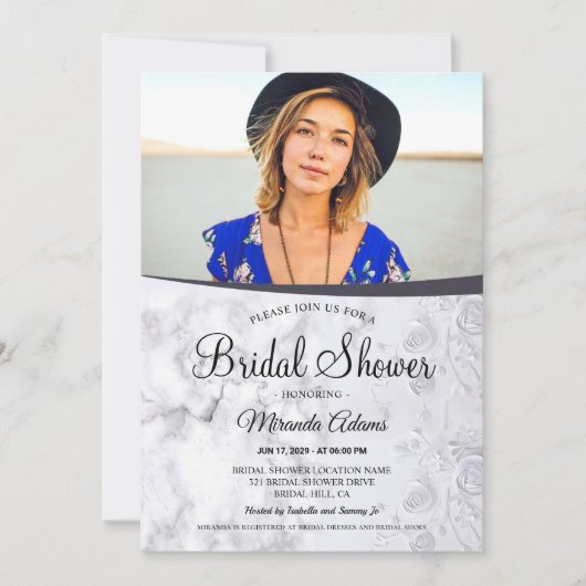 Moderne bloemige witte marmeren foto bruidsdouche kaart (Voorkant)