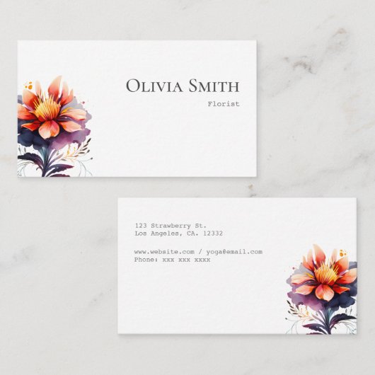 Moderne bloemist Elegante Paarse Waterverf Bloemen Visitekaartje (Voorkant / Achterkant)