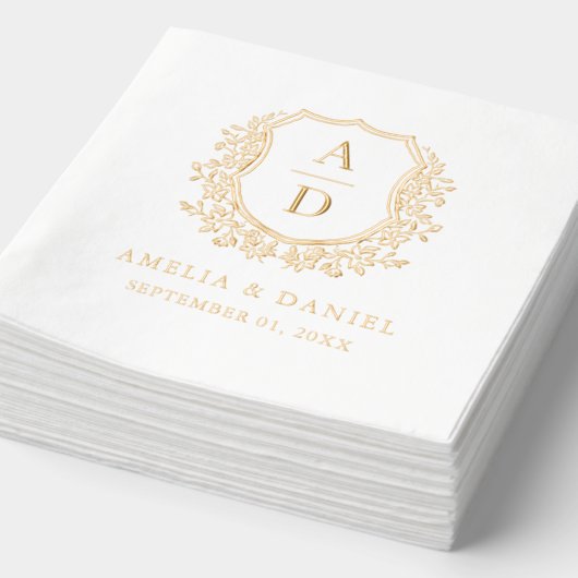 Moderne Bloemkam Monogram Bruiloftsgoud Folie Servetten (Detail)