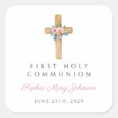 Moderne Bloemkruis Meisje Eerste Communie Vierkante Sticker (Voorkant)