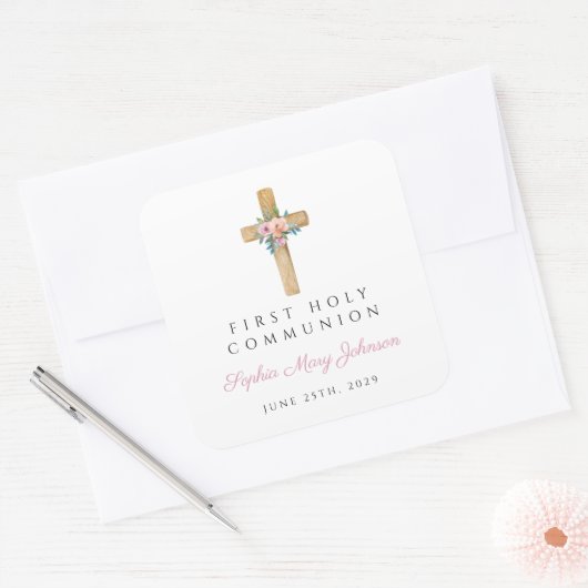 Moderne Bloemkruis Meisje Eerste Communie Vierkante Sticker (Envelop)