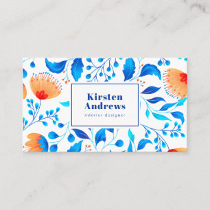 Moderne bloemmotief boho blauw sinaasappel visitekaartje