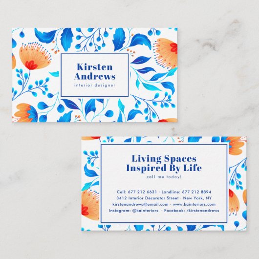 Moderne bloemmotief boho blauw sinaasappel visitekaartje (Voorkant / Achterkant)