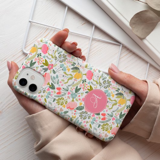 Moderne bloemrijke chic roze monogram geinitialise Case-Mate iPhone case