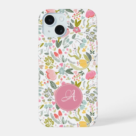 Moderne bloemrijke chic roze monogram geinitialise iPhone 15 case (Achterkant)