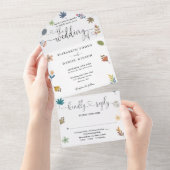 Moderne Bloemrijke Elegante Harten Script Bruiloft All In One Uitnodiging (Afscheurbaar)