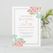 Moderne bloemrijke koraal en turquoise bruiloft kaart (Staand voorkant)