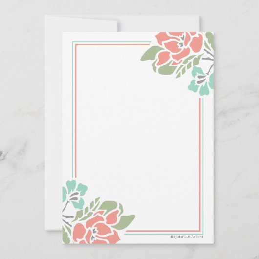 Moderne bloemrijke koraal en turquoise bruiloft kaart (Achterkant)