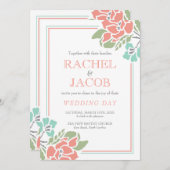 Moderne bloemrijke koraal en turquoise bruiloft kaart (Voorkant / Achterkant)