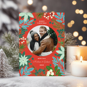 Moderne Bloemrijke Vrolijke Kerst Foto Feestdagenkaart