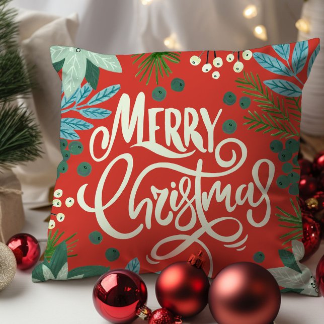 Moderne Bloemrijke Vrolijke Kerst  Kussen (Modern Bold Floral Merry Christmas Throw Pillow)