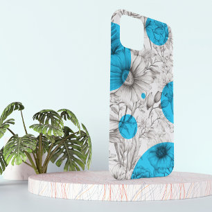 Moderne Bloemtekening Cyaan Blauw Retro cirkels iPhone 15 Case