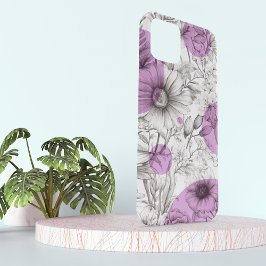 Moderne Bloemtekening lila paarse Retrocirkels iPhone 15 Case