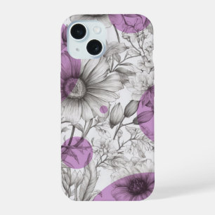 Moderne Bloemtekening lila paarse Retrocirkels iPhone 15 Case