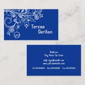 Moderne bloemwervelingen & vogelblauw visitekaartje (Voorkant / Achterkant)