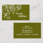 Moderne bloemwervelingen & vogels olijfgroen visitekaartje (Voorkant / Achterkant)