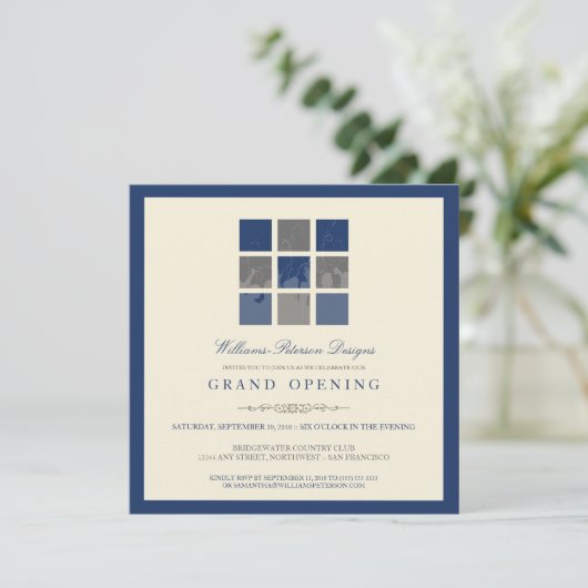 Moderne Blokken Grote Openingsuitnodiging (blauw) Aankondiging (Staand voorkant)