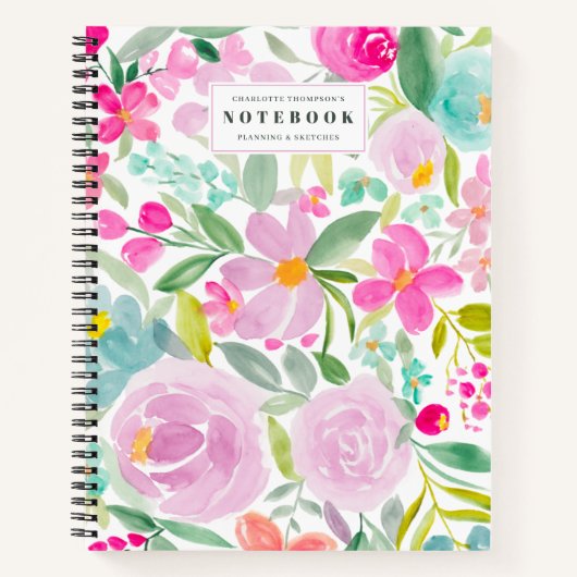 moderne bloom girly pastel floral waterverf name notitieboek (Voorkant)