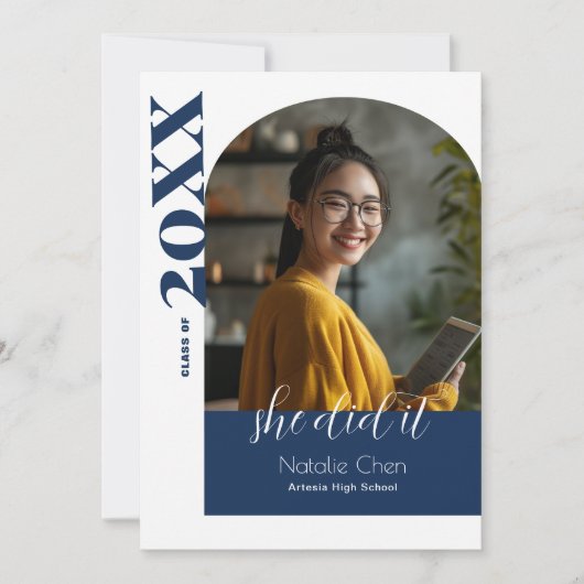 Moderne Blue Arch Foto Ze deed het Afstuderen Aankondiging (Voorkant)