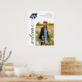 Moderne Blue Bow Coquette Graduation Cap Welkom Poster (Keuken)