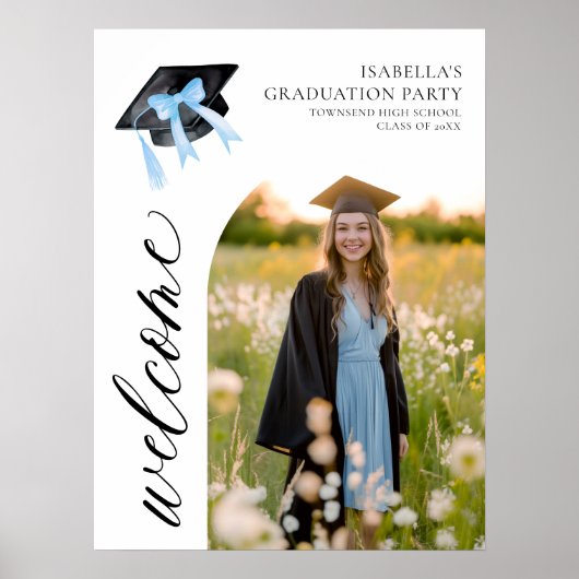 Moderne Blue Bow Coquette Graduation Cap Welkom Poster (Voorkant)