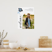 Moderne Blue Bow Coquette Graduation Cap Welkom Poster (Keuken)