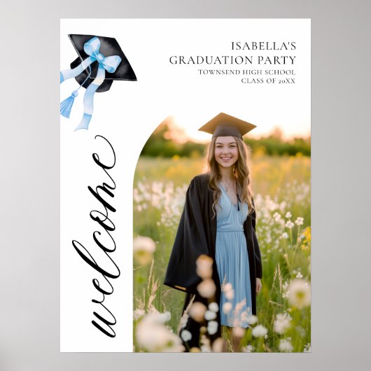 Moderne Blue Bow Coquette Graduation Cap Welkom Poster (Voorkant)