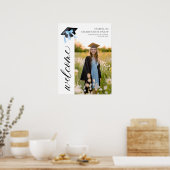 Moderne Blue Bow Coquette Graduation Cap Welkom Poster (Keuken)