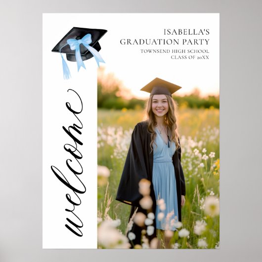 Moderne Blue Bow Coquette Graduation Cap Welkom Poster (Voorkant)