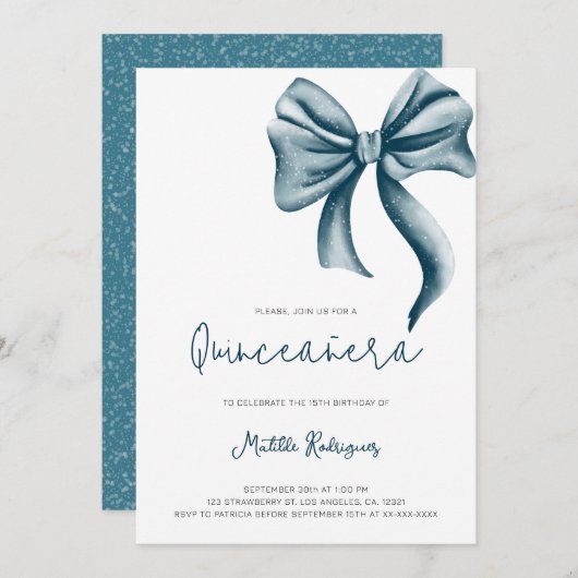 Moderne Blue Bow Quinceanera Verjaardag Kaart (Voorkant / Achterkant)