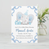 Moderne Blue Elephant Baby Shower Uitnodigingen (Staand voorkant)
