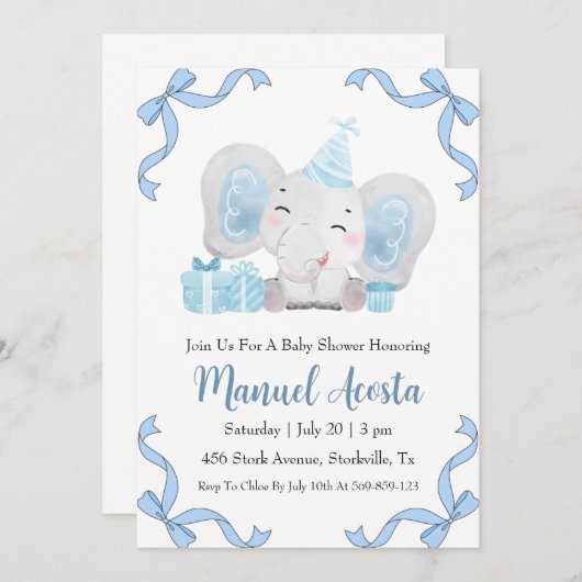 Moderne Blue Elephant Baby Shower Uitnodigingen (Voorkant / Achterkant)
