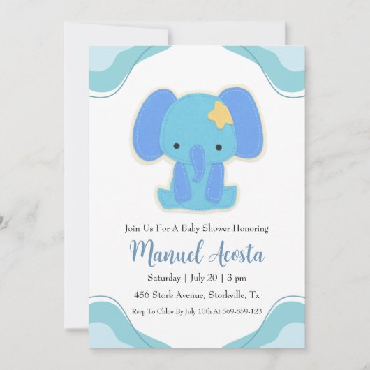 Moderne Blue Elephant Baby Shower Uitnodigingen (Voorkant)