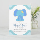 Moderne Blue Elephant Baby Shower Uitnodigingen (Staand voorkant)