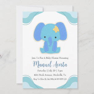 Moderne Blue Elephant Baby Shower Uitnodigingen