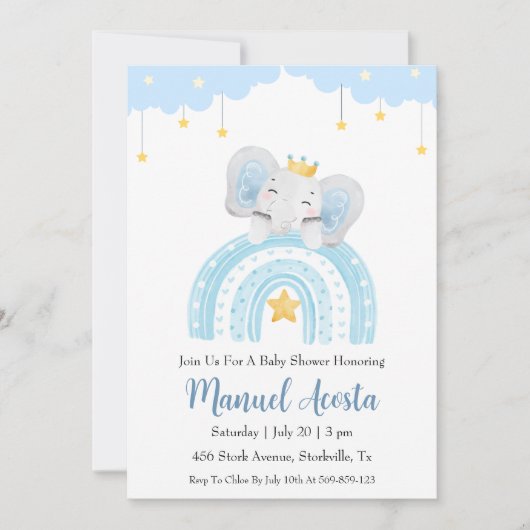 Moderne Blue Elephant Baby Shower Uitnodigingen (Voorkant)