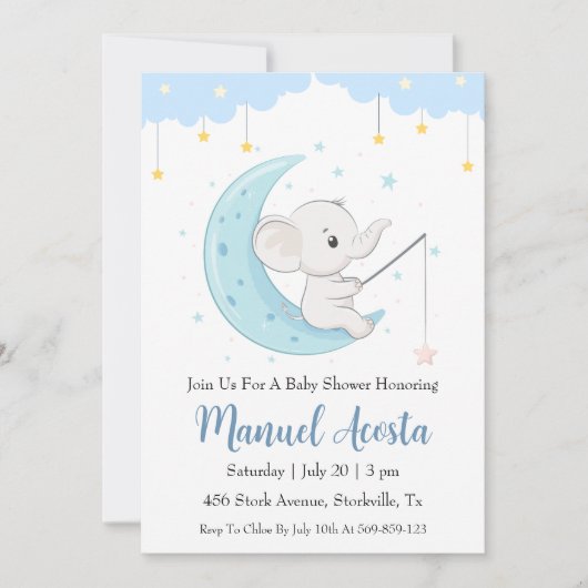 Moderne Blue Elephant Baby Shower Uitnodigingen (Voorkant)