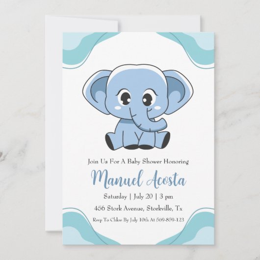 Moderne Blue Elephant Baby Shower Uitnodigingen (Voorkant)
