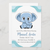 Moderne Blue Elephant Baby Shower Uitnodigingen (Voorkant / Achterkant)