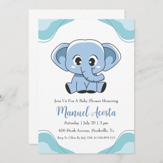 Moderne Blue Elephant Baby Shower Uitnodigingen (Voorkant / Achterkant)