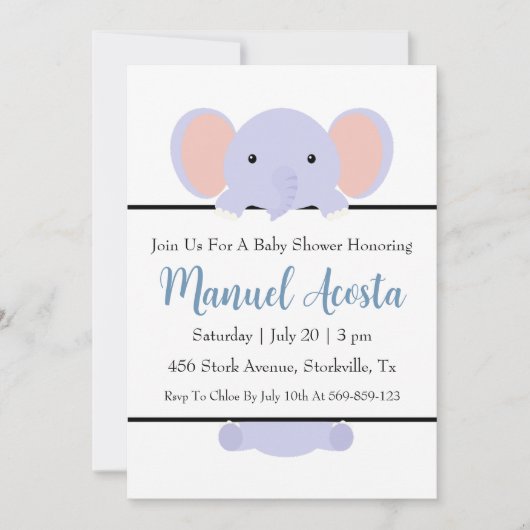 Moderne Blue Elephant Baby Shower Uitnodigingen (Voorkant)
